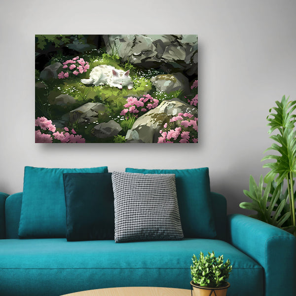 Slapende kat in bloemenrijke tuin poster