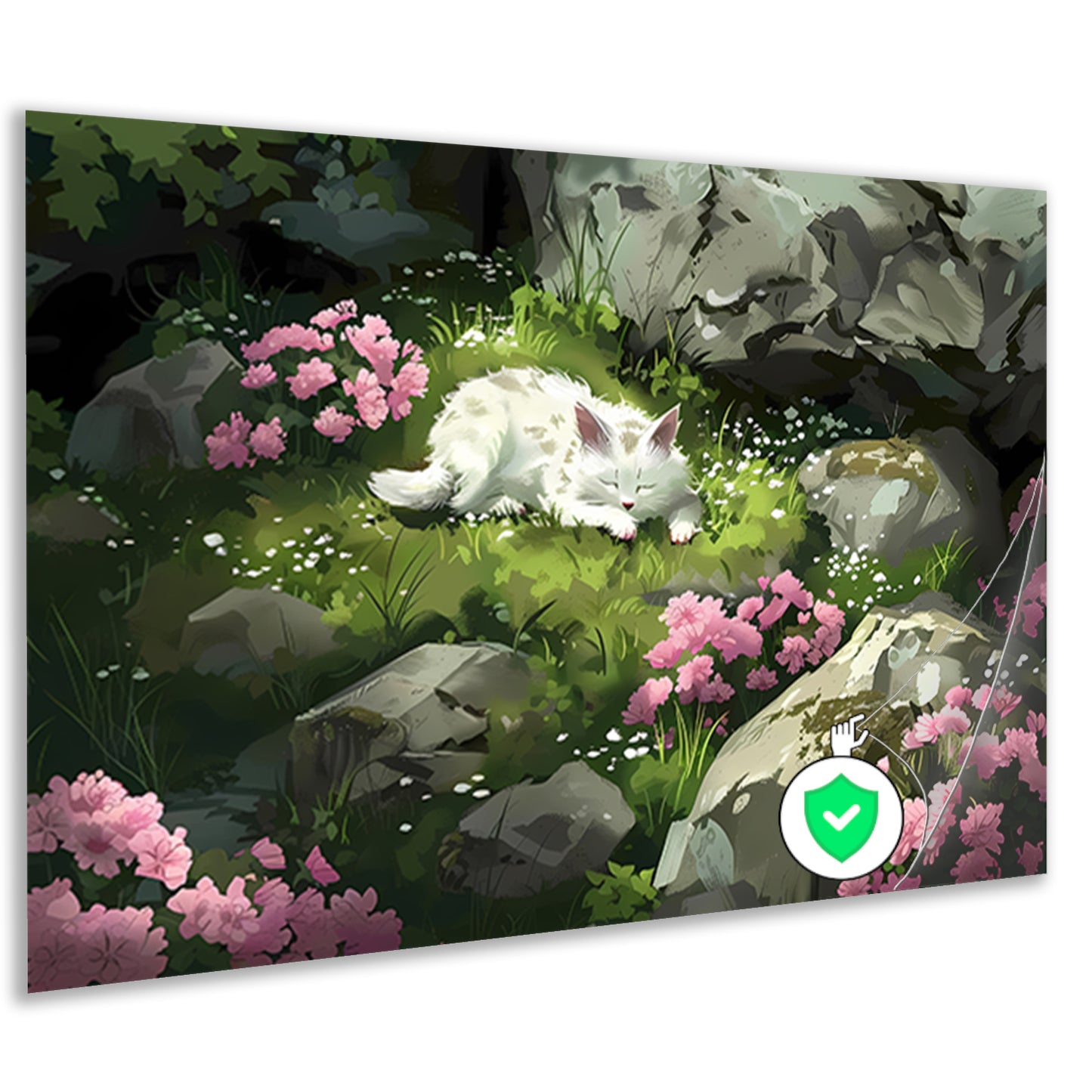 Slapende kat in bloemenrijke tuin poster