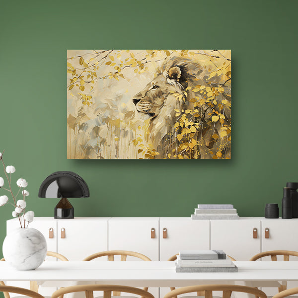 Moderne schilderij van een leeuw en bladeren acrylglas