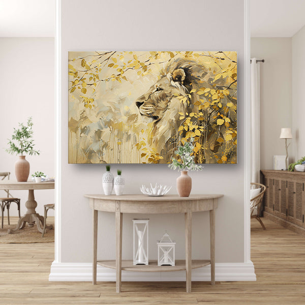 Moderne schilderij van een leeuw en bladeren poster