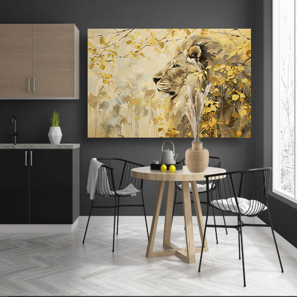 Moderne schilderij van een leeuw en bladeren acrylglas