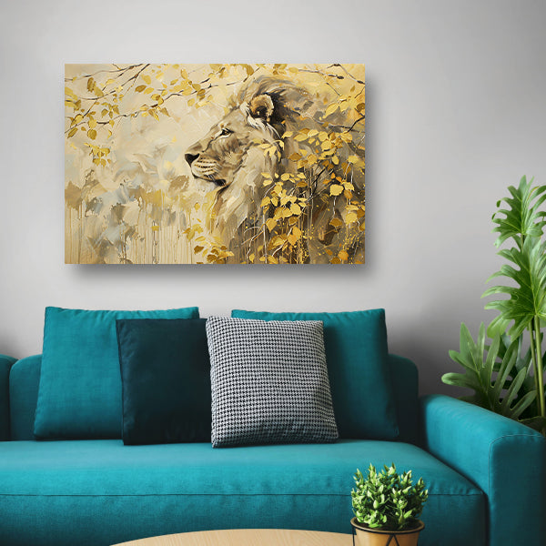 Moderne schilderij van een leeuw en bladeren acrylglas