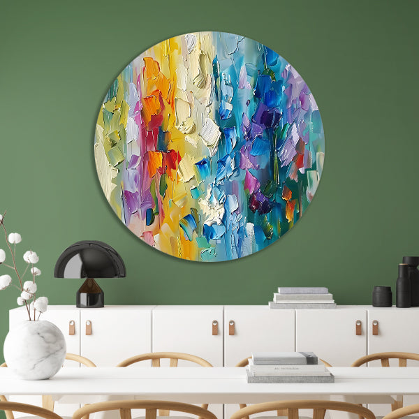 Abstract kleurrijk schilderij met bloemenmotief forex muurcirkel