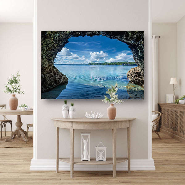 Zeezicht vanuit een grot met turquoise water acrylglas