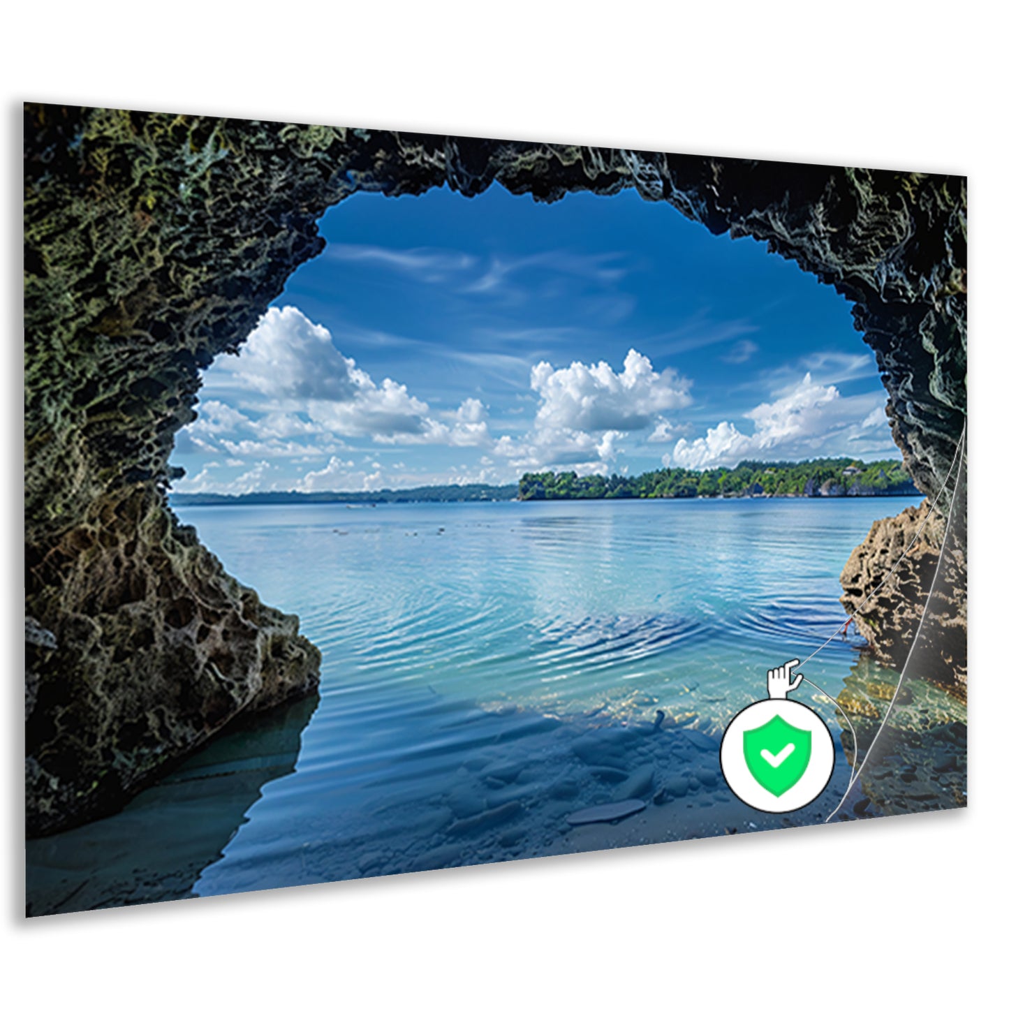Zeezicht vanuit een grot met turquoise water poster