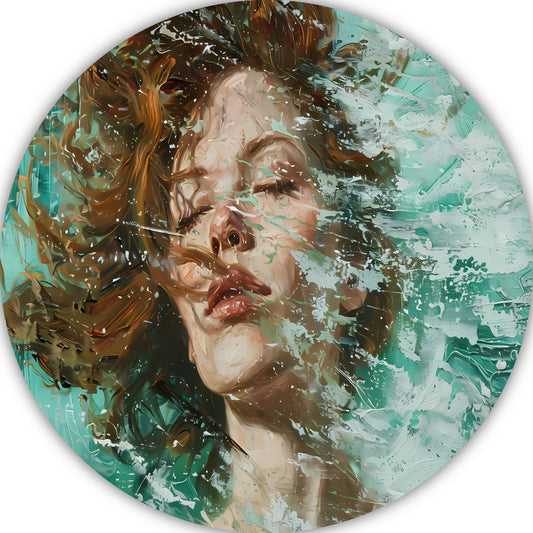 Dynamisch abstract portret in turquoise en bruin aluminium muurcirkel
