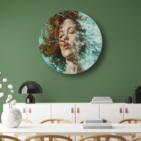 Dynamisch abstract portret in turquoise en bruin aluminium muurcirkel