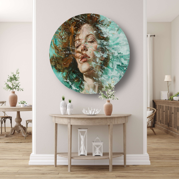 Dynamisch abstract portret in turquoise en bruin aluminium muurcirkel
