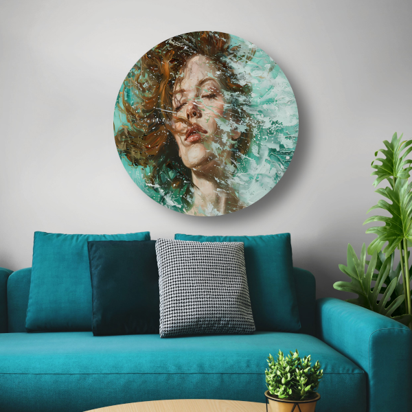 Dynamisch abstract portret in turquoise en bruin aluminium muurcirkel