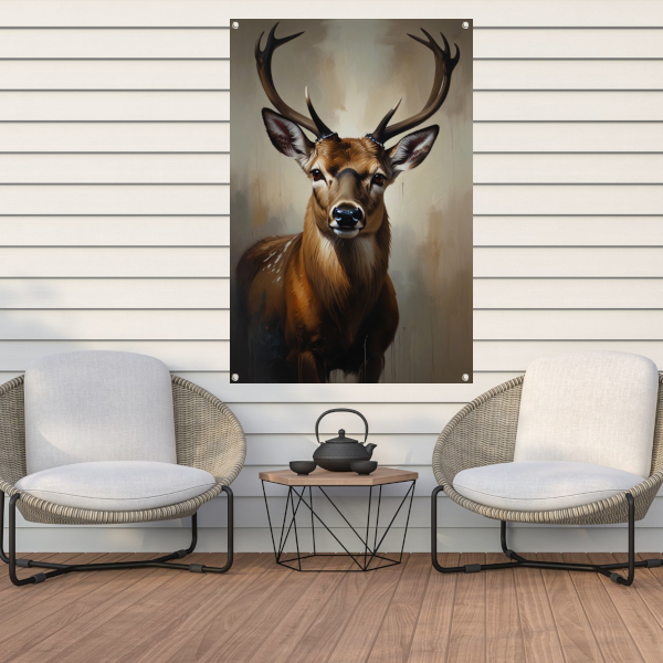 Majestueus hert met imposant gewei in olie tuinposter