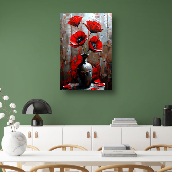 Moderne Rode Bloemen in Stijlvolle Zwarte Vaas poster