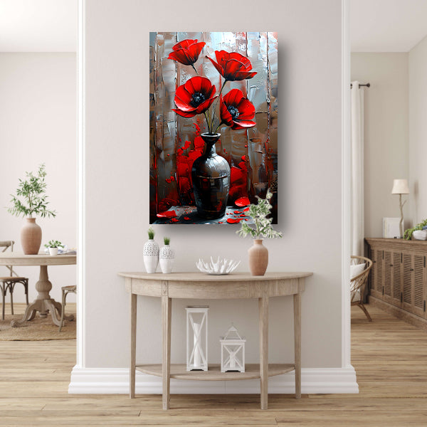 Moderne Rode Bloemen in Stijlvolle Zwarte Vaas poster