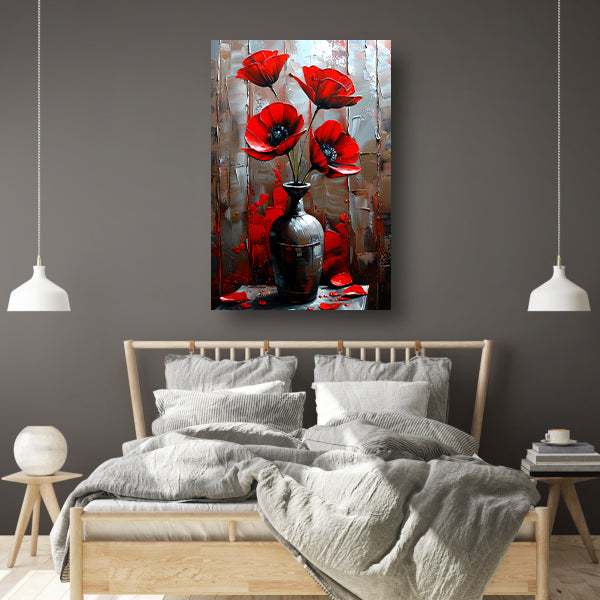 Moderne Rode Bloemen in Stijlvolle Zwarte Vaas poster