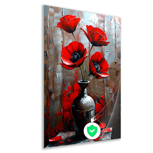 Moderne Rode Bloemen in Stijlvolle Zwarte Vaas poster