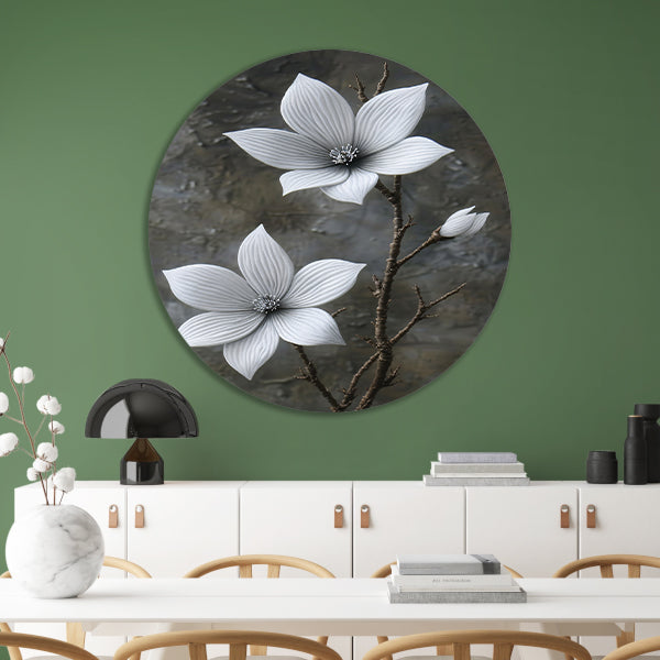 Elegante witte bloemen op subtiele grijze achtergrond forex muurcirkel