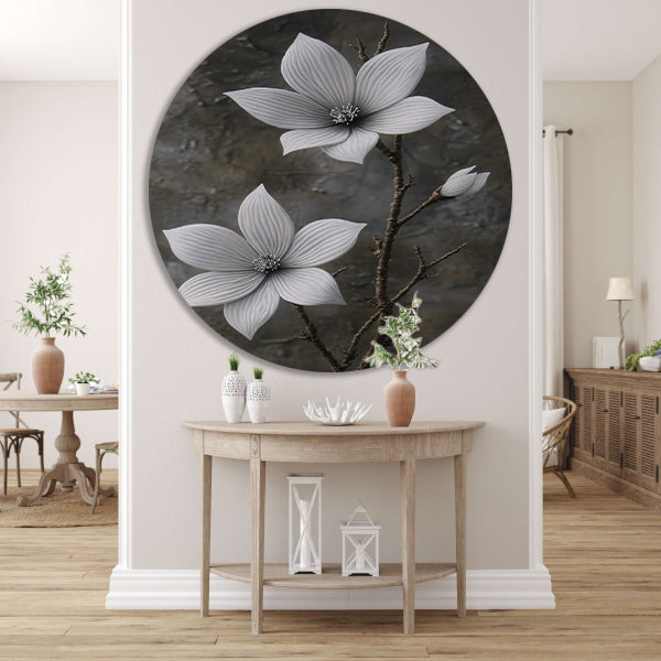 Elegante witte bloemen op subtiele grijze achtergrond forex muurcirkel
