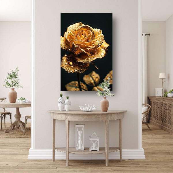 Prachtige gouden roos met reflecterende waterdruppels poster