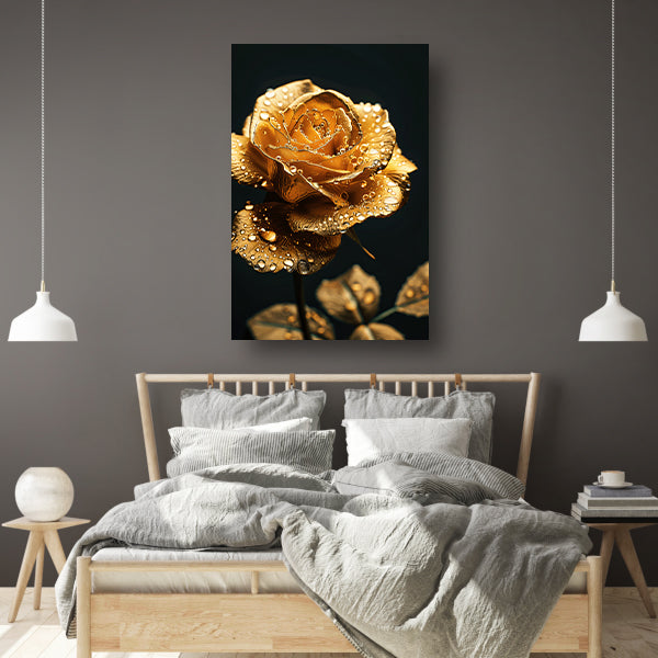 Prachtige gouden roos met reflecterende waterdruppels poster