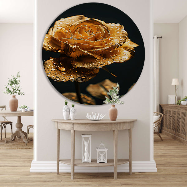 Prachtige gouden roos met reflecterende waterdruppels aluminium muurcirkel