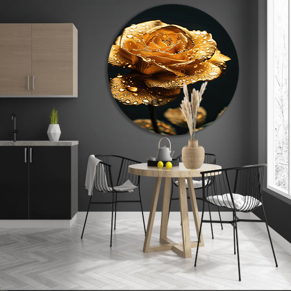 Prachtige gouden roos met reflecterende waterdruppels forex muurcirkel