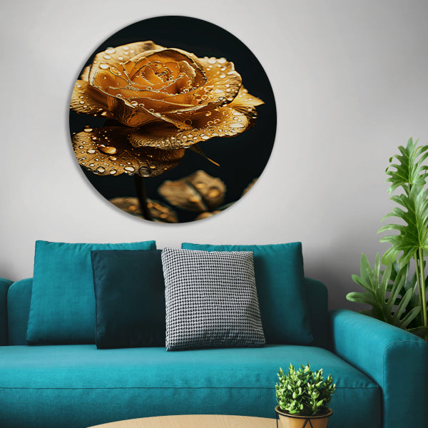 Prachtige gouden roos met reflecterende waterdruppels forex muurcirkel