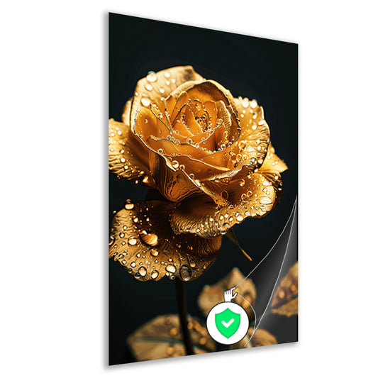 Prachtige gouden roos met reflecterende waterdruppels poster