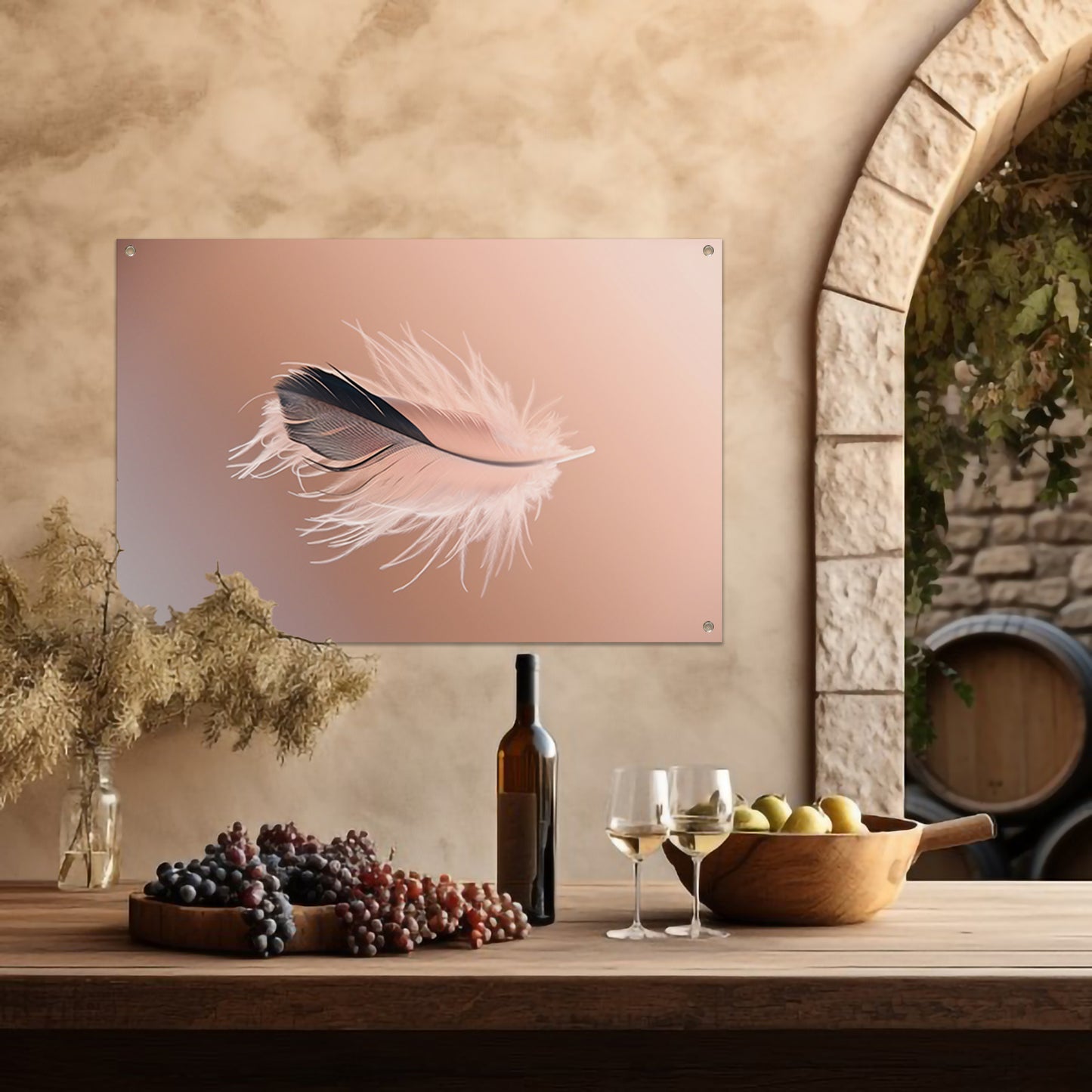 Minimalistische veer in zachte tonen tuinposter