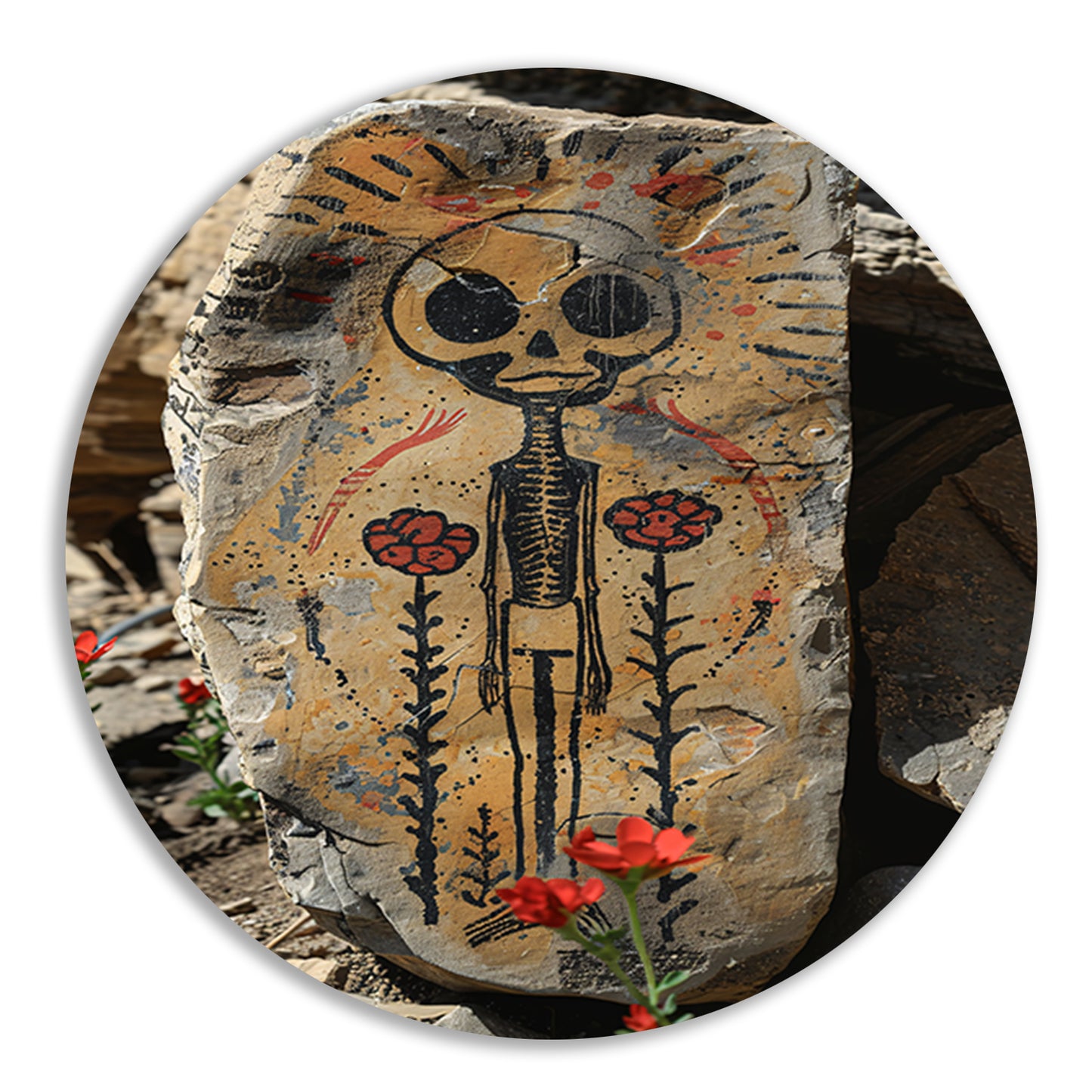 Skelet met Rode Bloemen aluminium muurcirkel