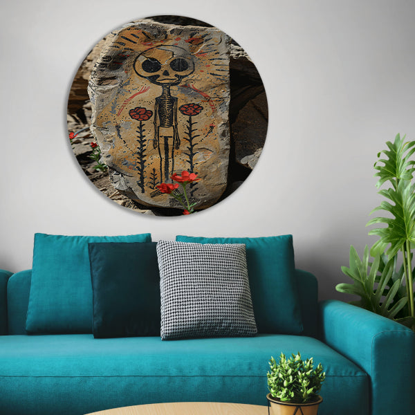 Skelet met Rode Bloemen aluminium muurcirkel