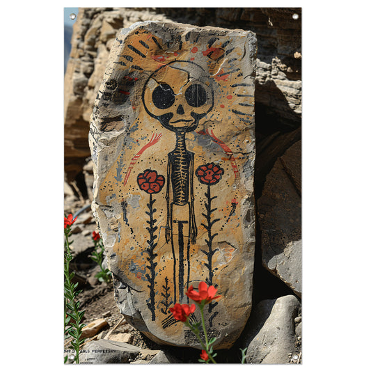 Skelet met Rode Bloemen tuinposter