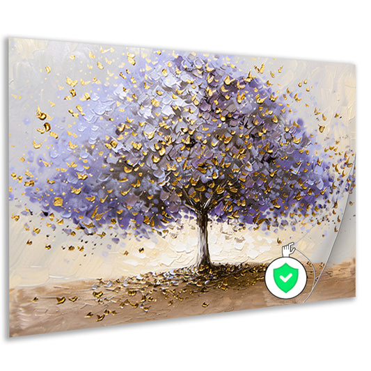 Abstracte boom met paarse en gouden bladeren poster