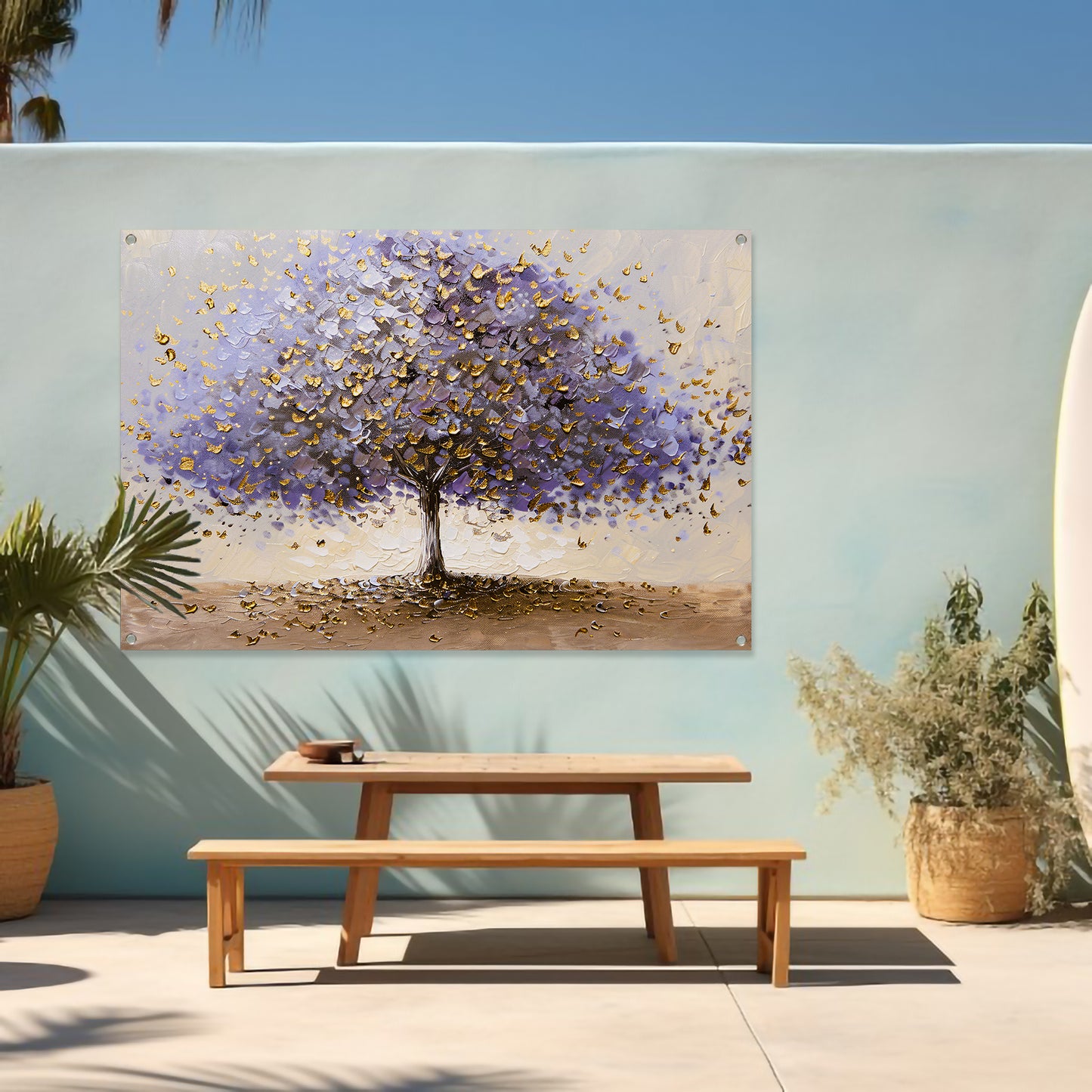 Abstracte boom met paarse en gouden bladeren tuinposter