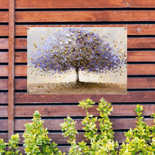Abstracte boom met paarse en gouden bladeren tuinposter