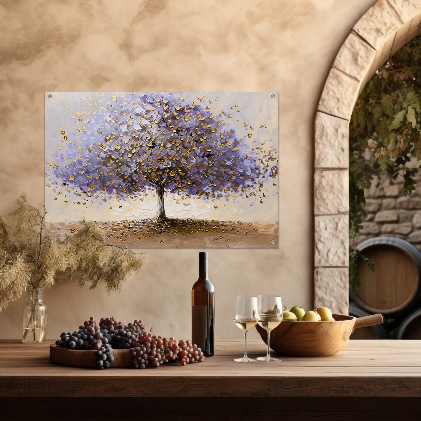 Abstracte boom met paarse en gouden bladeren tuinposter