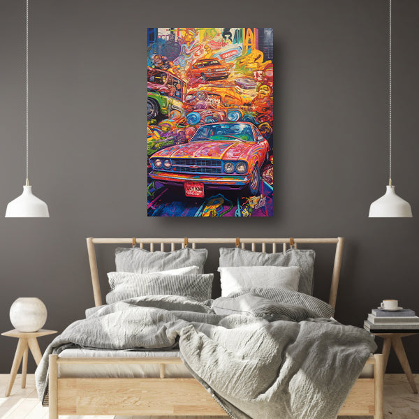 Abstracte auto in kleurrijk landschap canvas