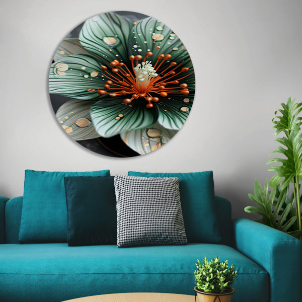 Gedetailleerde bloem in groen en oranje aluminium muurcirkel