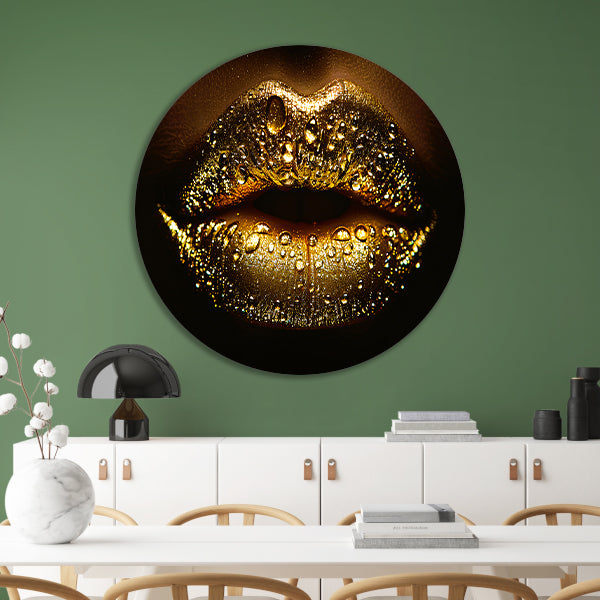 Gouden Glitters en Druppels op Donkere Lippen aluminium muurcirkel