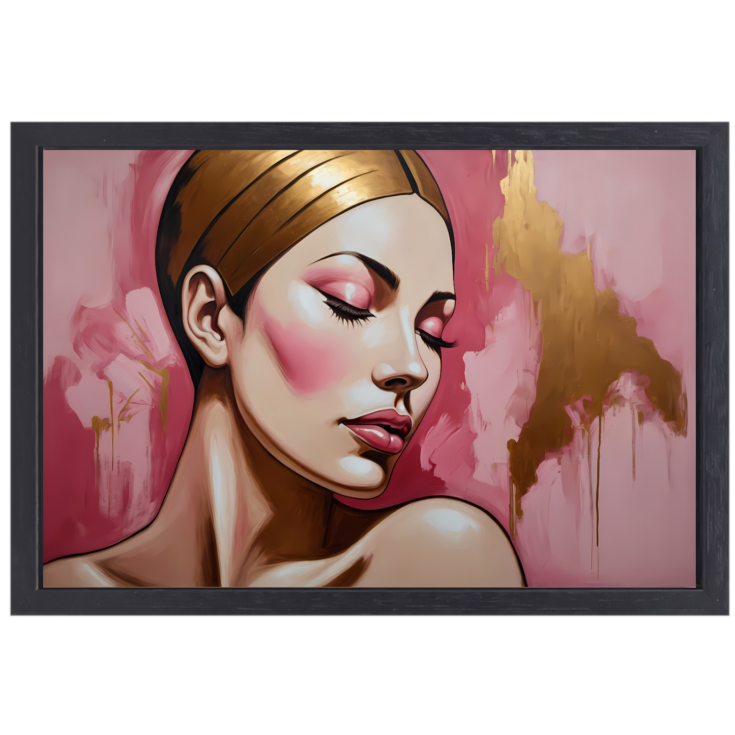 Dame met gesloten ogen in gouden gloed canvas met baklijst