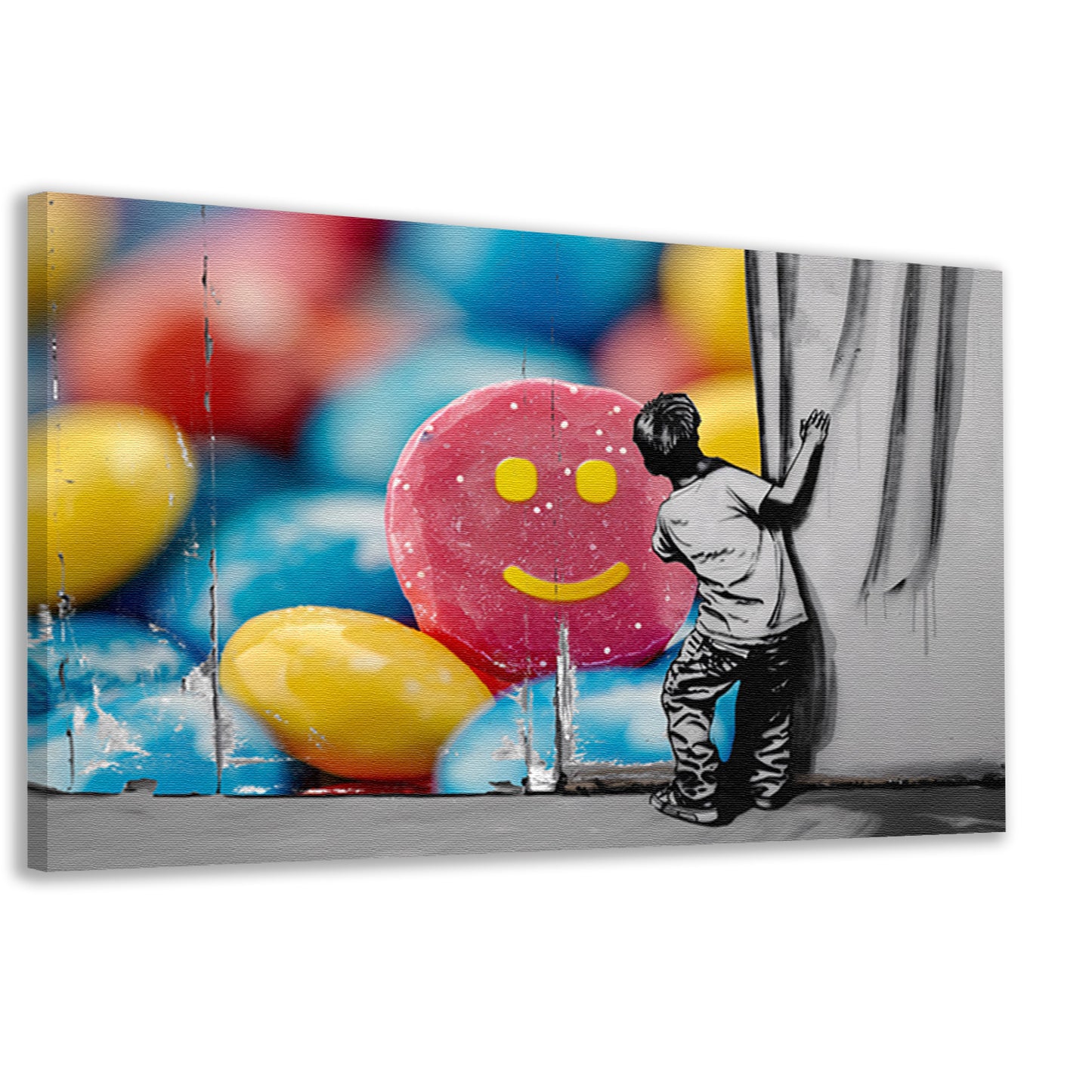 Jongen bewondert kleurrijke straatkunst muurschildering canvas