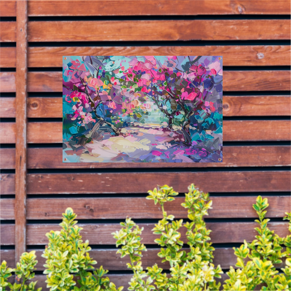 Abstract schilderij van kleurrijke bloemen en bomen tuinposter