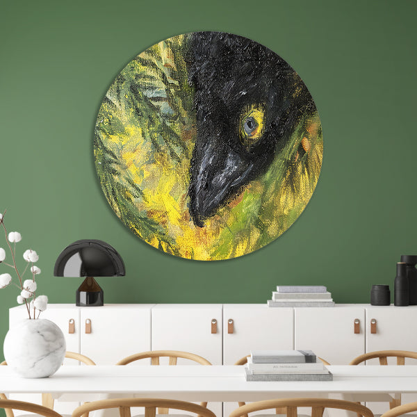 Abstracte vogel in levendige kleuren en bladeren forex muurcirkel