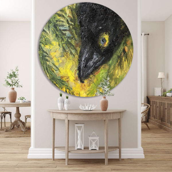 Abstracte vogel in levendige kleuren en bladeren forex muurcirkel