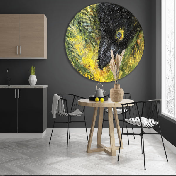Abstracte vogel in levendige kleuren en bladeren forex muurcirkel