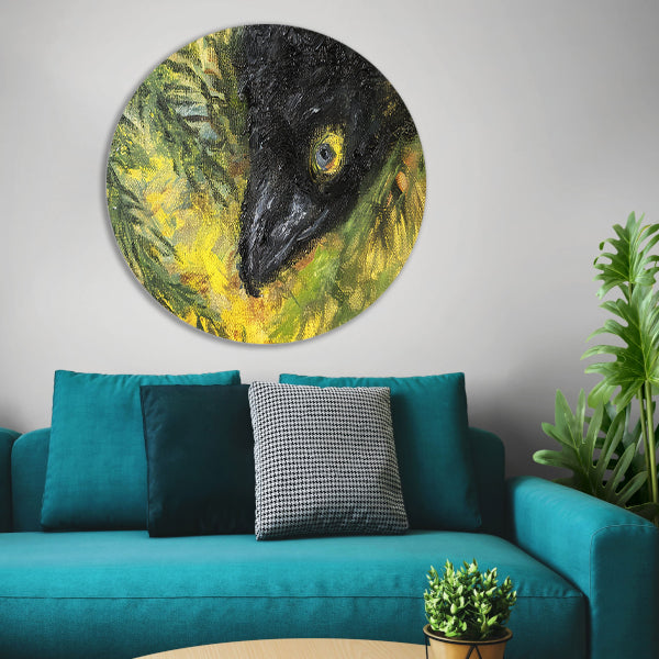 Abstracte vogel in levendige kleuren en bladeren forex muurcirkel