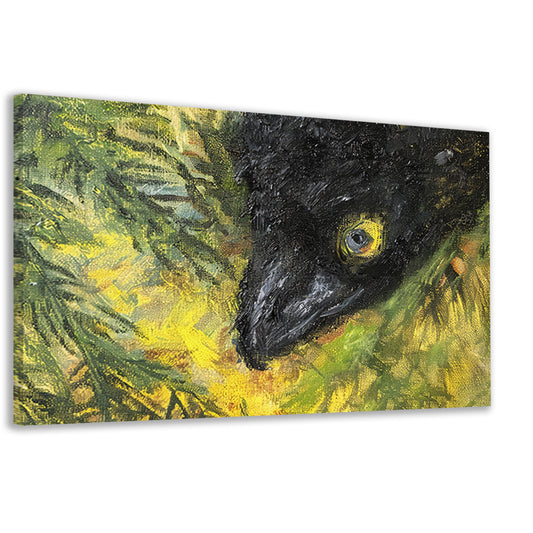 Abstracte vogel in levendige kleuren en bladeren canvas