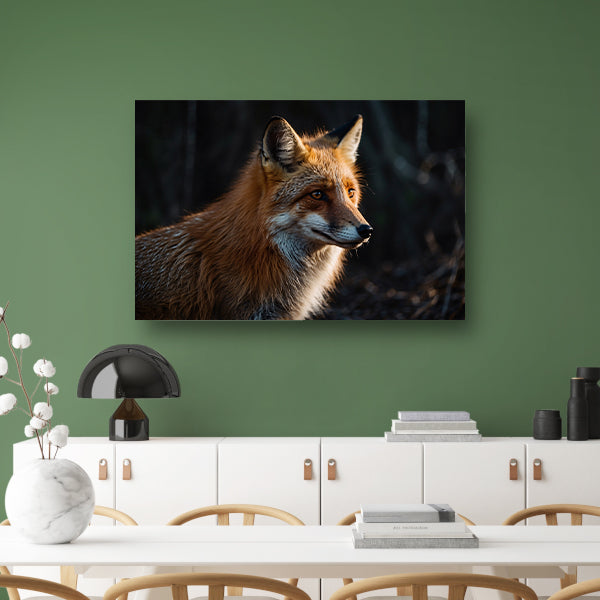 Prachtige vos in het donkere bos canvas