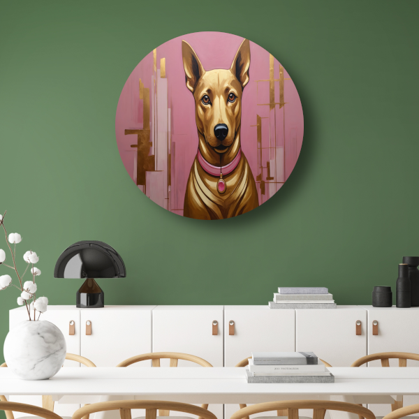 Elegante Hond in Roze en Goud aluminium muurcirkel