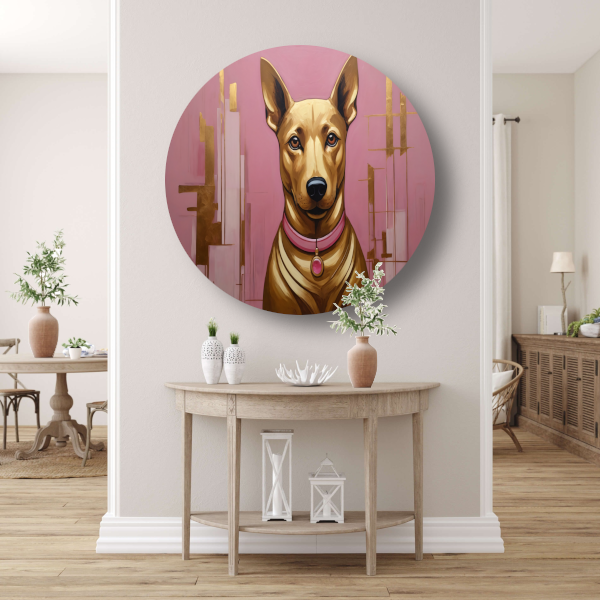 Elegante Hond in Roze en Goud aluminium muurcirkel