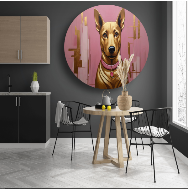 Elegante Hond in Roze en Goud aluminium muurcirkel