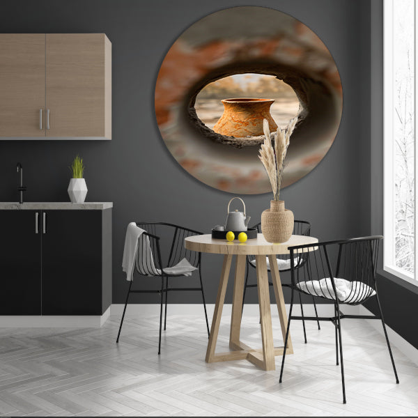 Oude vaas in stenen raam aluminium muurcirkel